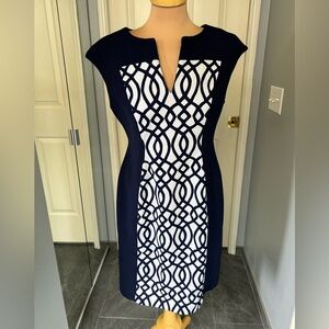 Navy & White Geometric Print Sheath Dress Business Career